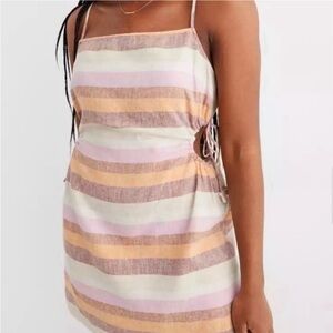 NWT Aerie Womens Dress Stripe Multicolor Cut Out Side Sundress Linen Size XS